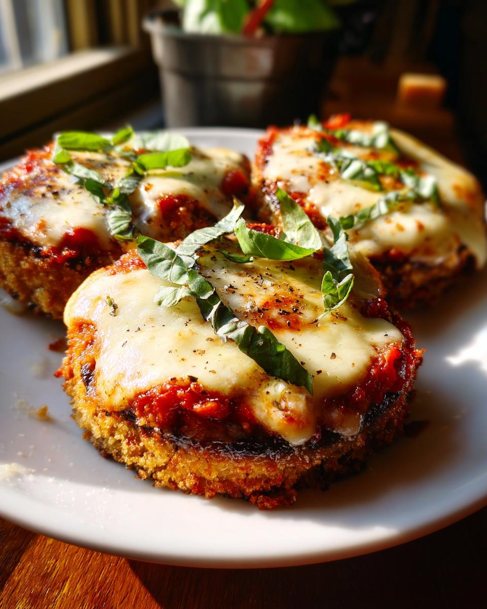 Close-up of baked eggplant parmesan with mozzarella topped with fresh basil leaves on a white plate