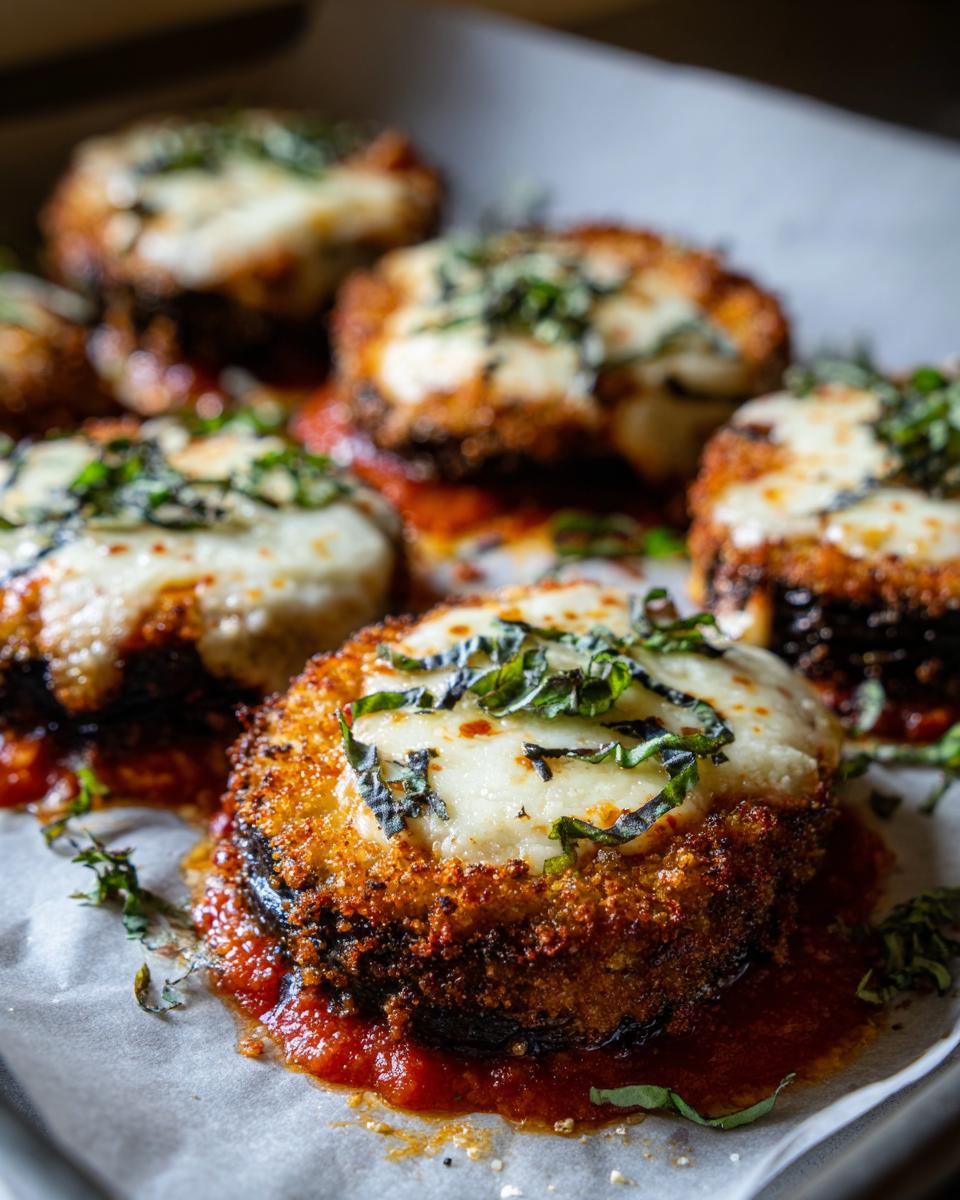 Golden baked eggplant parmesan with mozzarella and fresh basil on marinara sauce