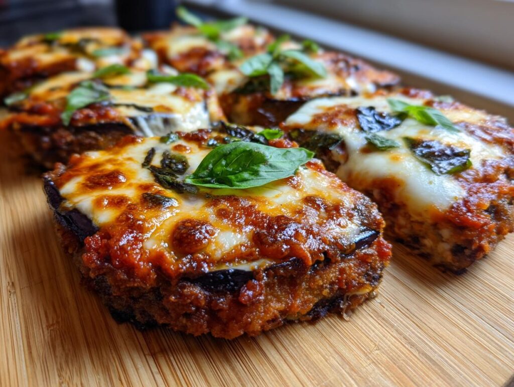 Close-up of baked eggplant parmesan with mozzarella, topped with fresh basil on a wooden board