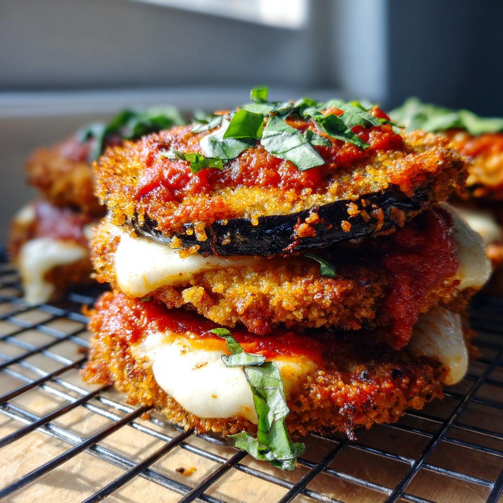 Close-up of baked eggplant parmesan with mozzarella, layered with tomato sauce and fresh basil.