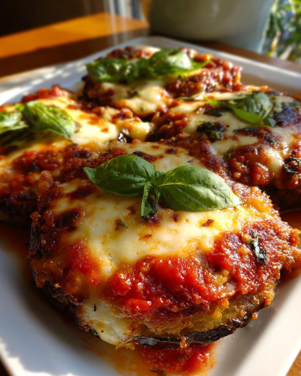 Three servings of baked eggplant parmesan with mozzarella topped with fresh basil leaves on a white plate.