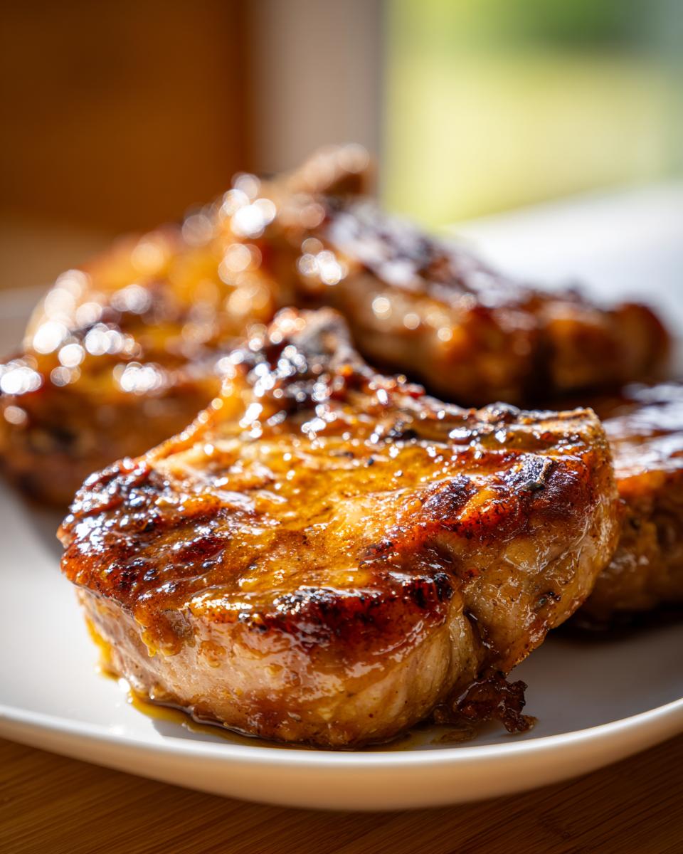 Juicy baked honey mustard pork chops dinner plated with a rich golden glaze.