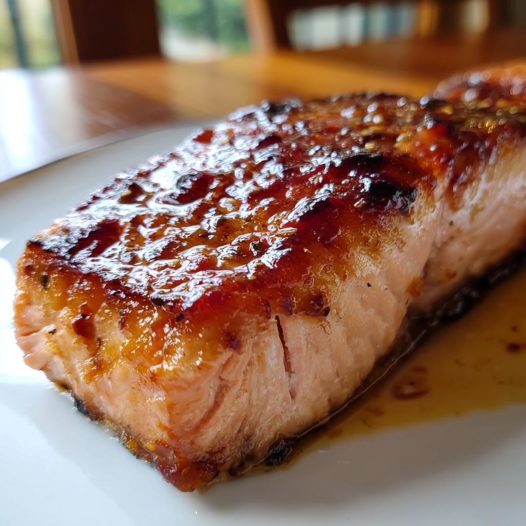 Close-up of a glazed baked maple dijon salmon fillet with a caramelized crust on a white plate