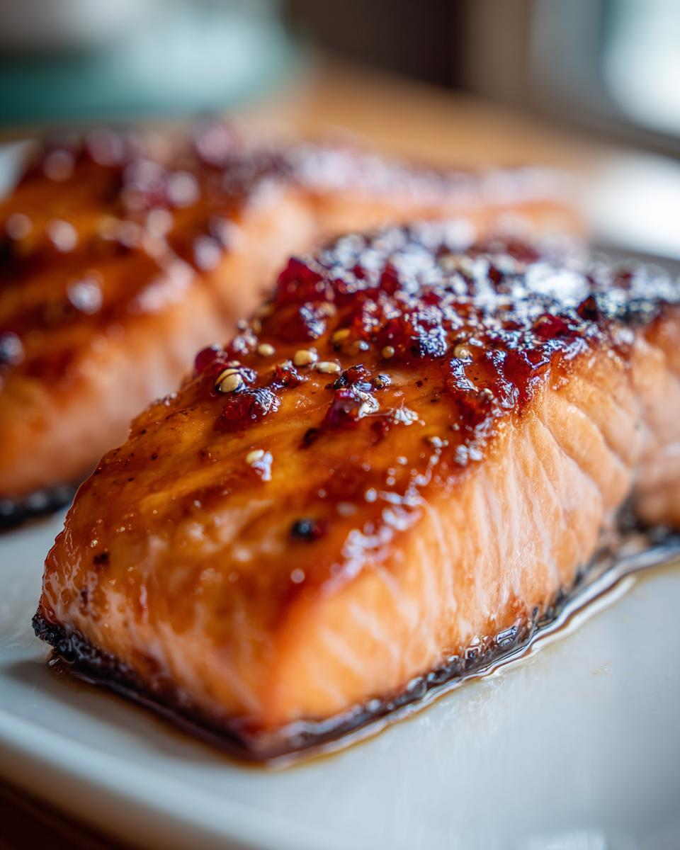 Two baked maple dijon salmon fillets on a plate with a glossy glaze and seasoning.