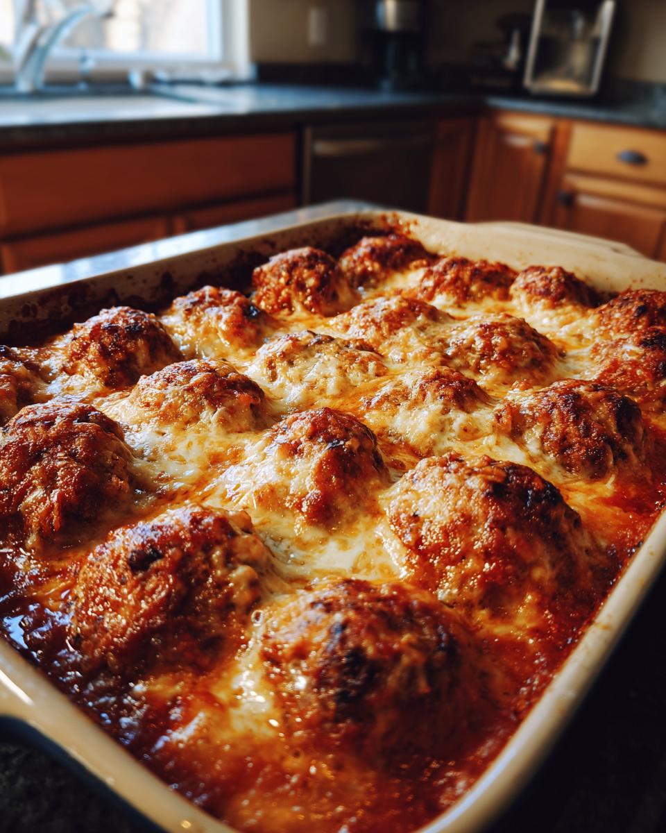 Baked meatball parmesan casserole with melted cheese and browned meatballs in a baking dish.