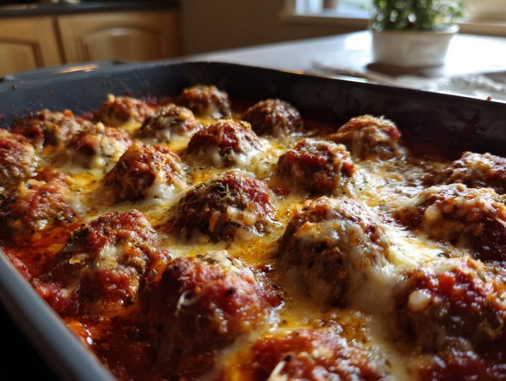 baked meatball parmesan casserole - Featured