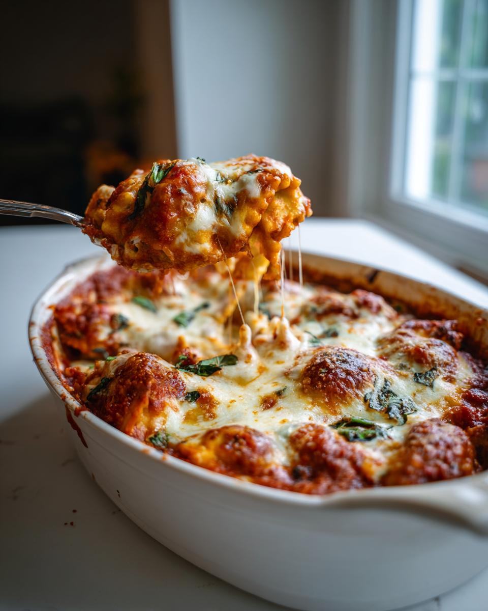 Spoon lifting a cheesy baked ravioli casserole with cheese and basil from a white dish