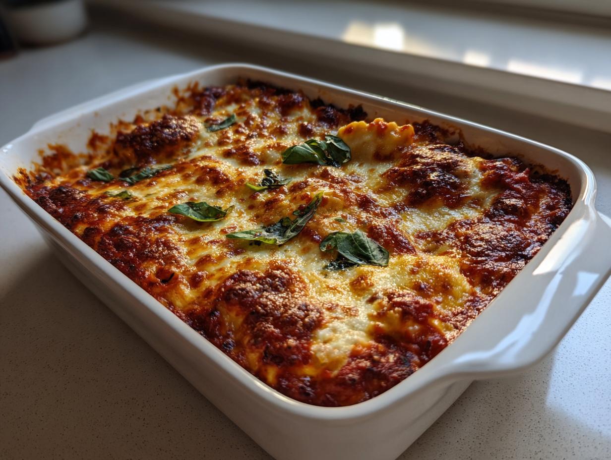 baked ravioli casserole with cheese - Featured