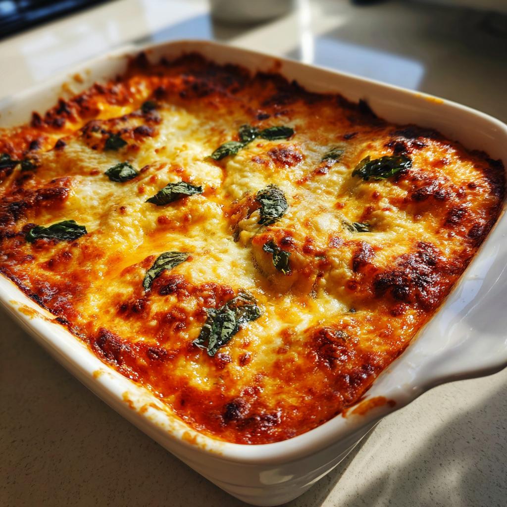 Close-up of golden baked ravioli casserole with cheese and basil leaves in a white baking dish
