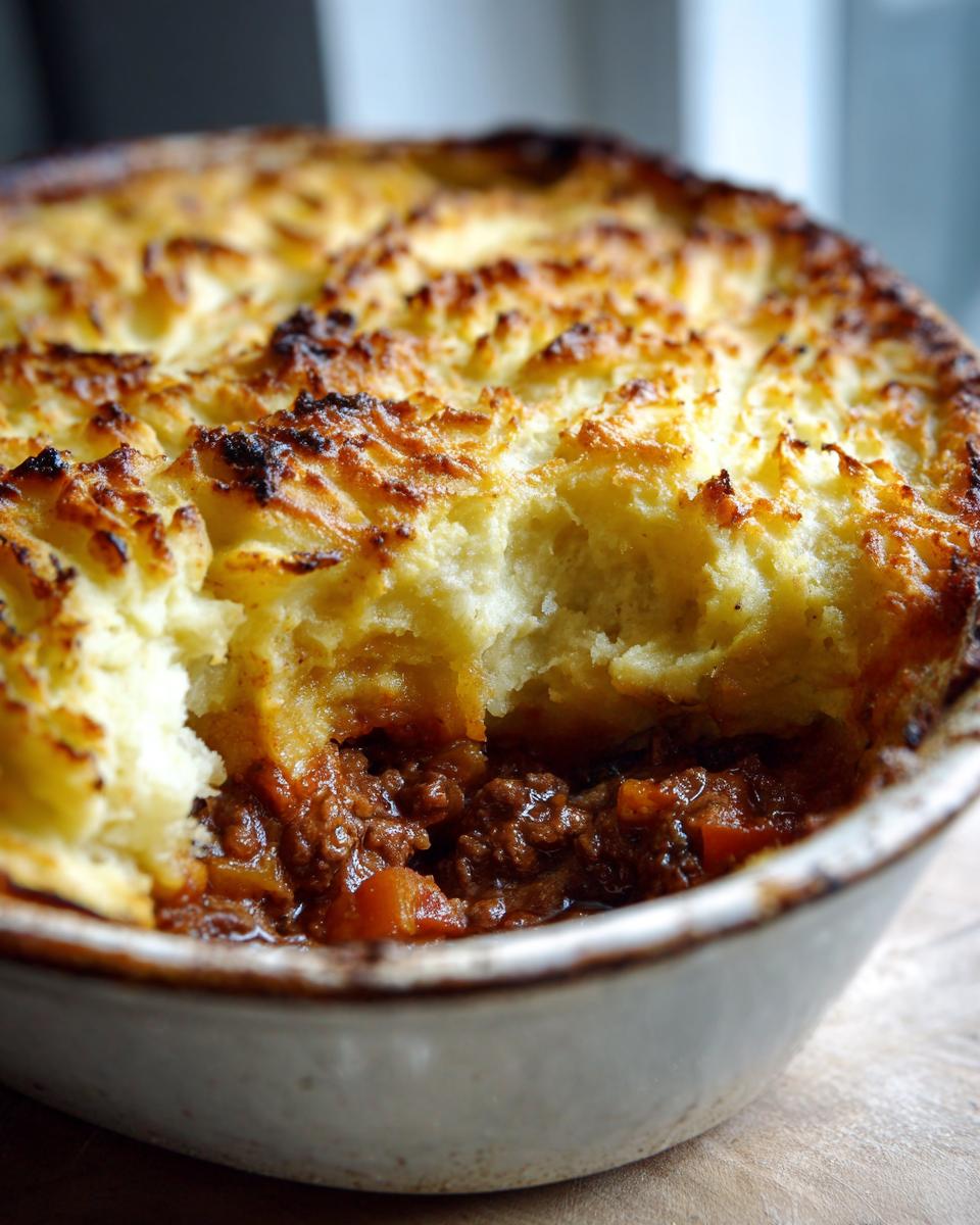 Close-up of shepherds pie with beef and mashed potatoes, showing browned mashed topping and savory beef filling.