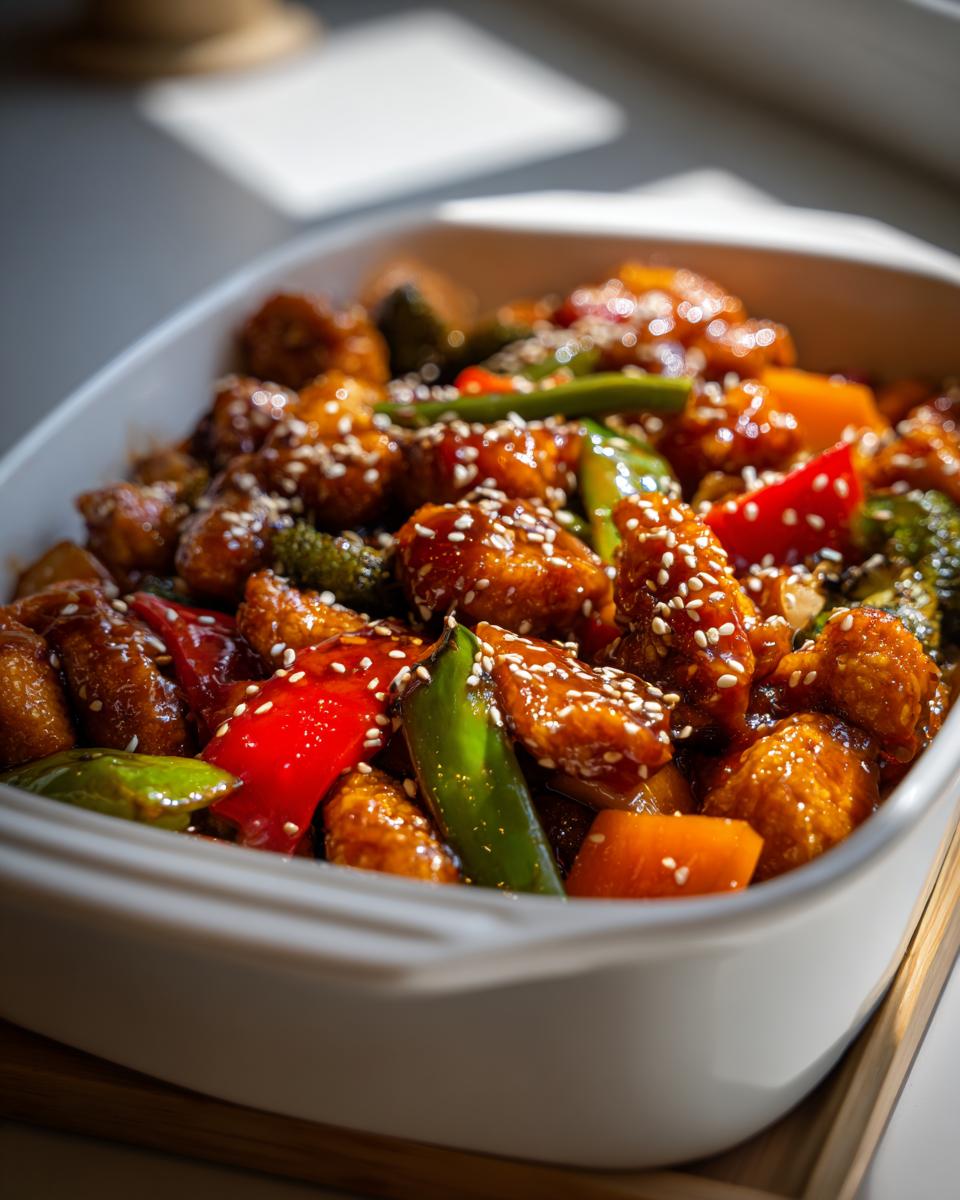 Baked teriyaki chicken with vegetables including bell peppers, snap peas, and sesame seeds in casserole dish
