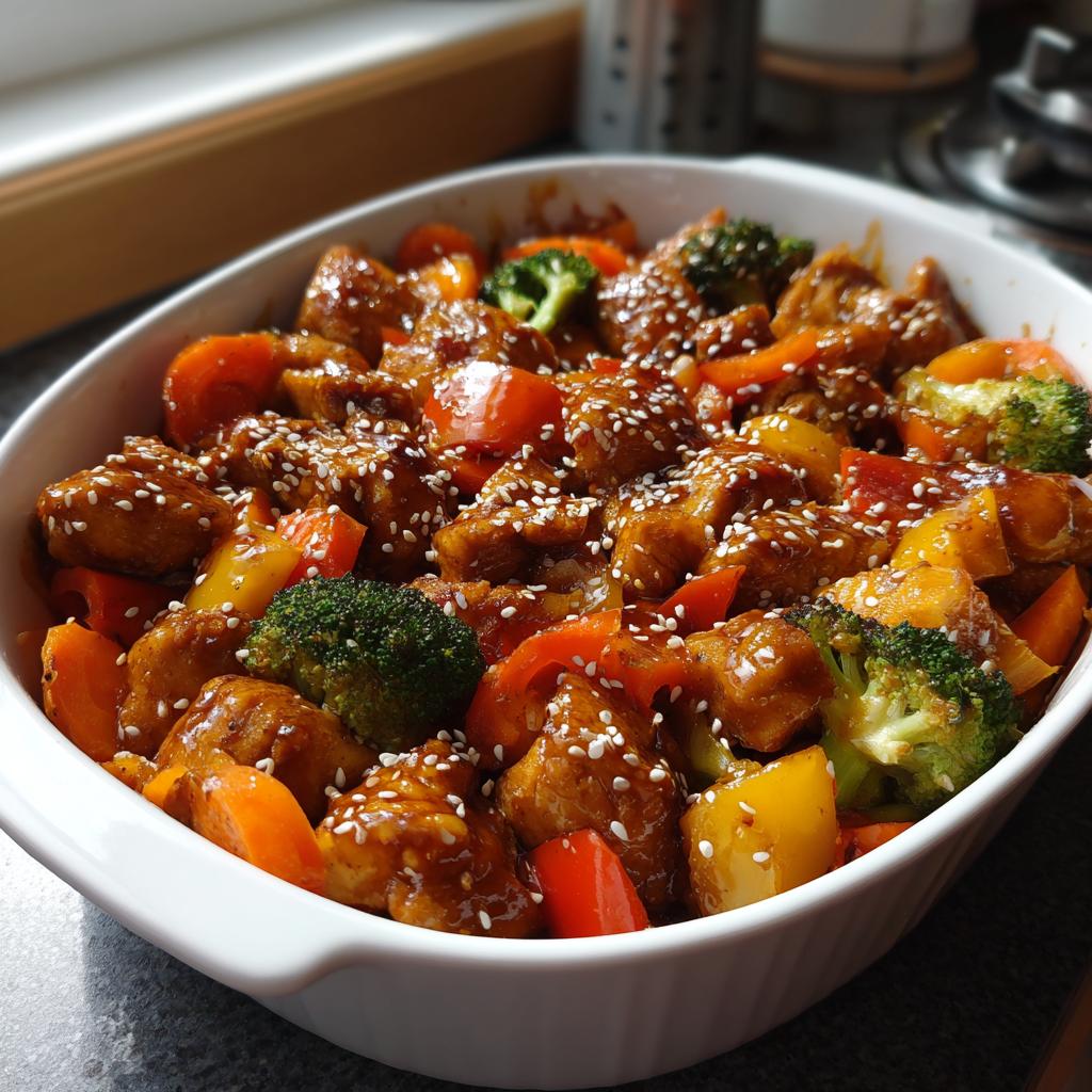 Close-up of baked teriyaki chicken with vegetables topped with sesame seeds in a white bowl.