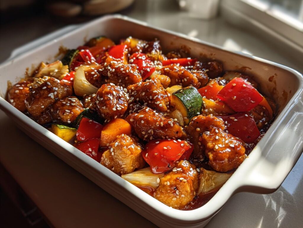 Baked teriyaki chicken with vegetables in a white baking dish topped with sesame seeds.