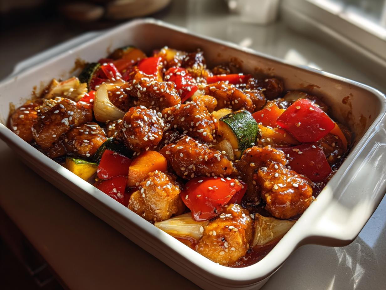 Baked teriyaki chicken with vegetables in a white baking dish topped with sesame seeds.