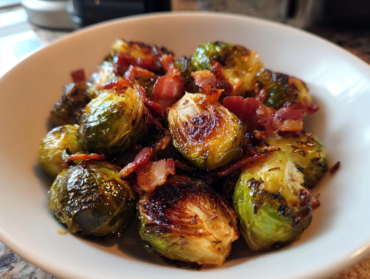 Balsamic roasted brussels sprouts and bacon served in a white bowl.