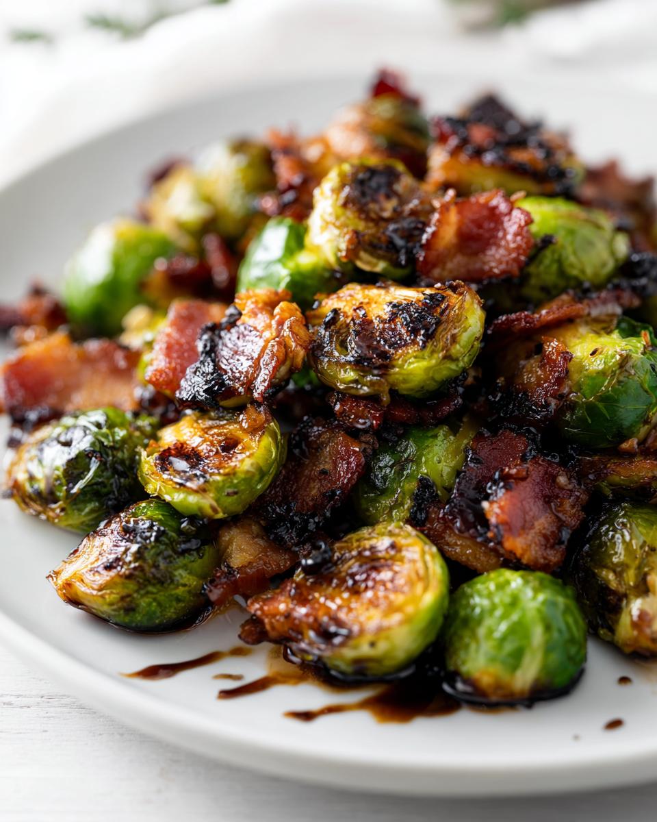 Close-up of balsamic roasted brussels sprouts and bacon with caramelized edges on a white plate