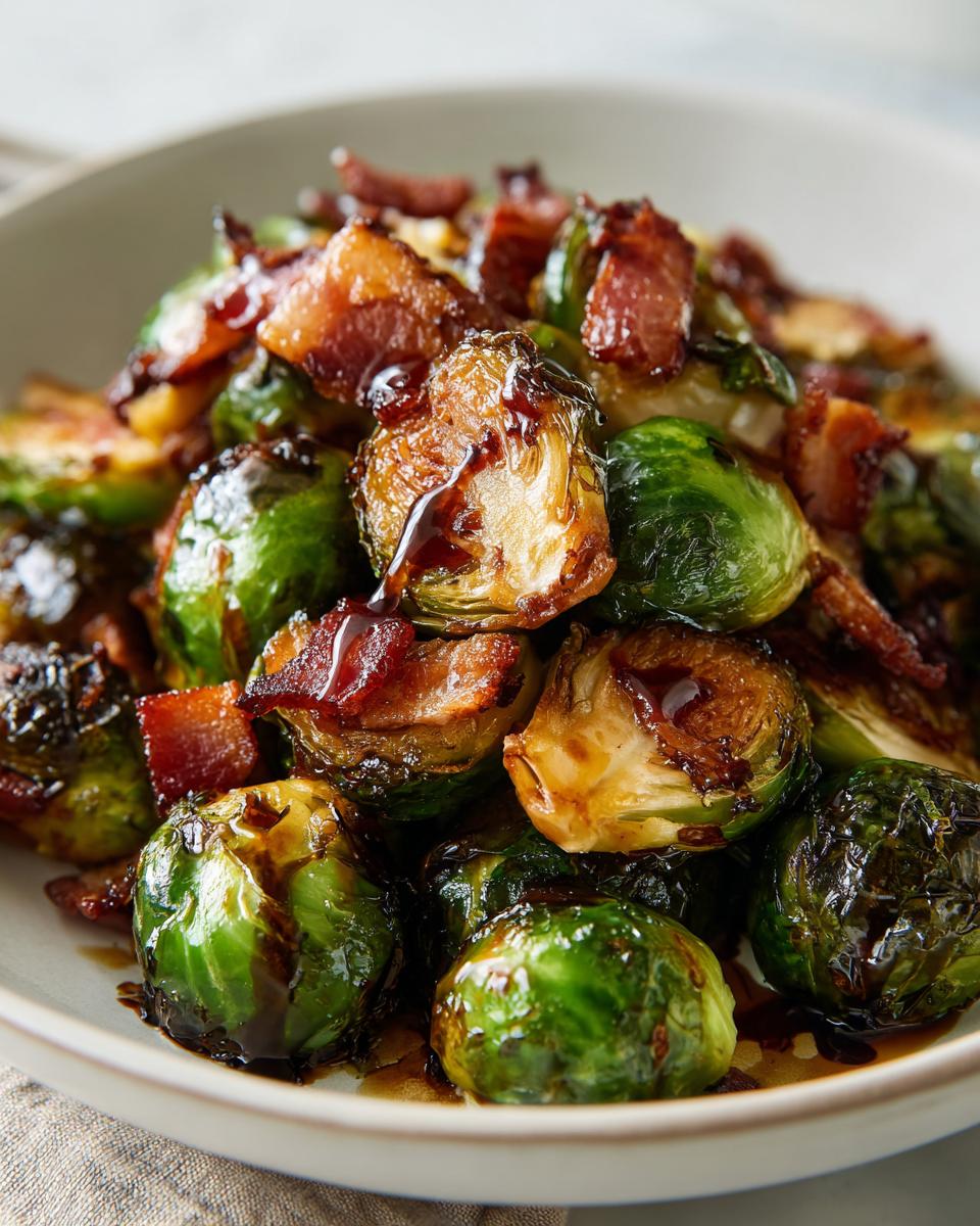 Plate of balsamic roasted brussels sprouts and crispy bacon drizzled with balsamic glaze