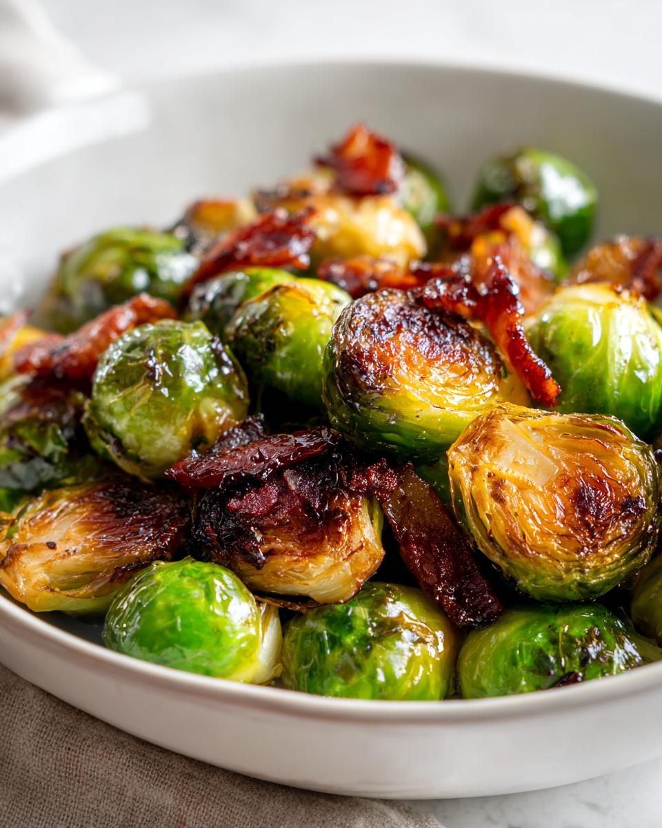 Close-up of balsamic roasted brussels sprouts and bacon in a white bowl
