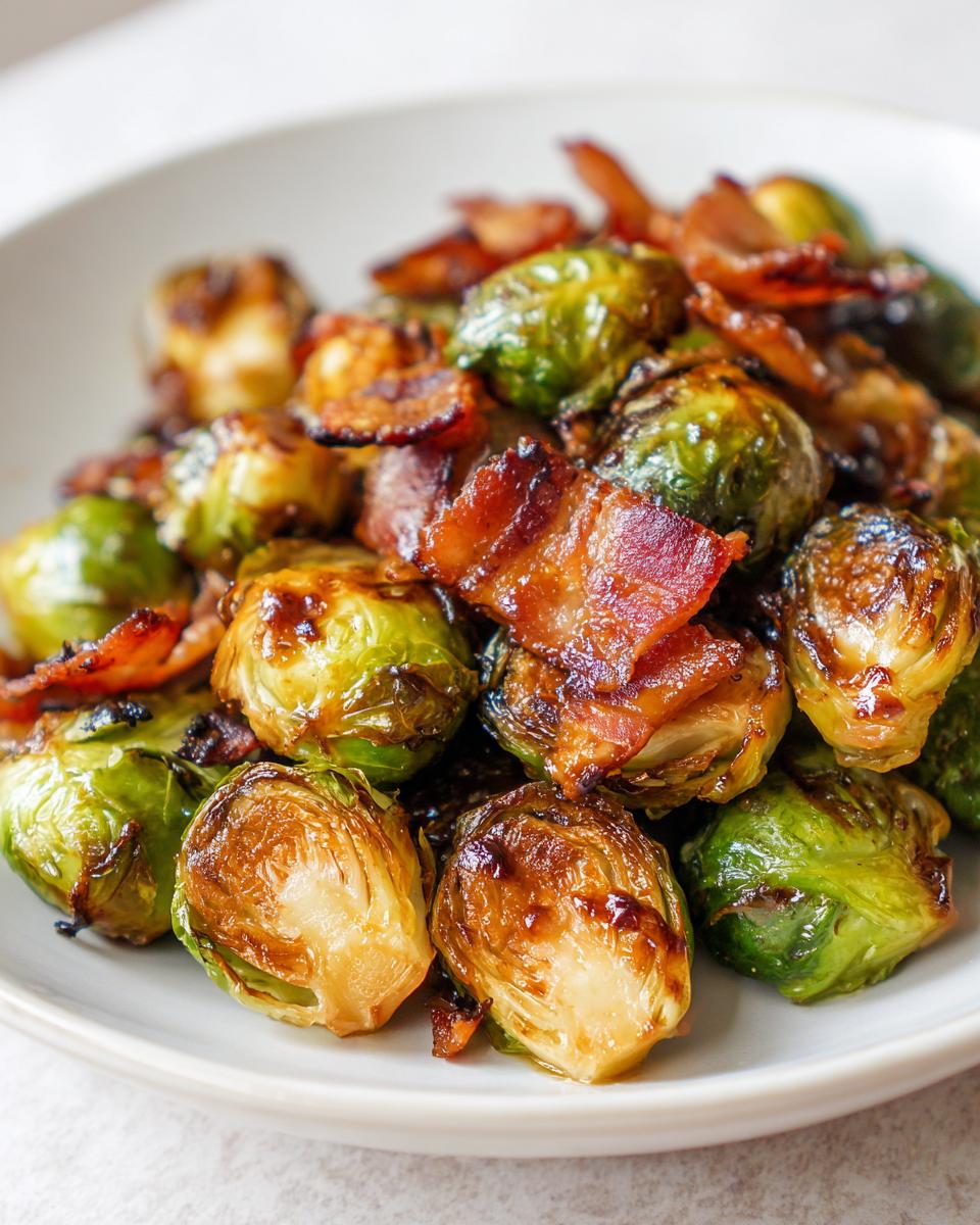 Close-up of balsamic roasted brussels sprouts and crispy bacon pieces on a white plate