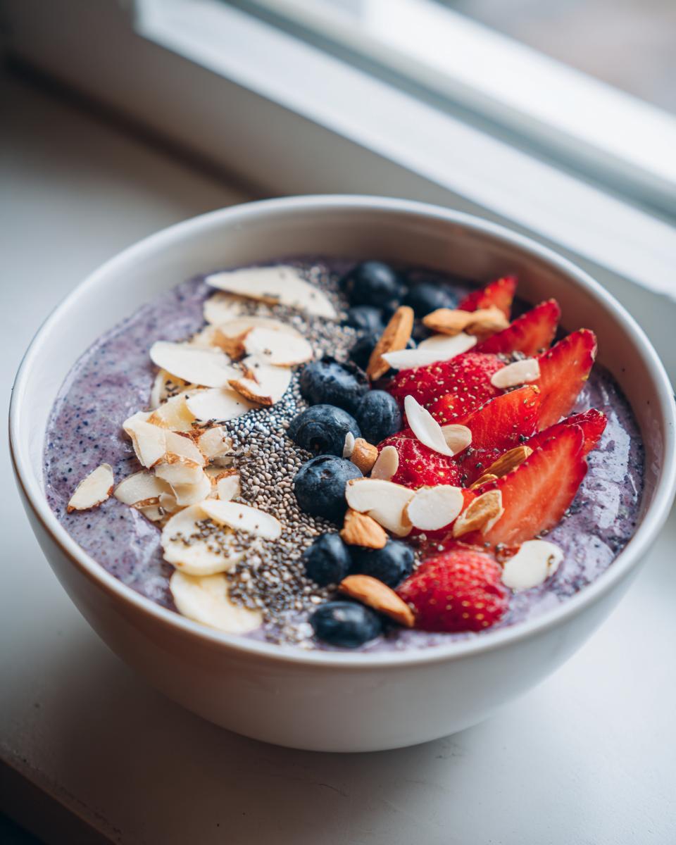 Berry spinach protein smoothie bowl topped with strawberries, blueberries, banana slices, chia seeds, and almonds.