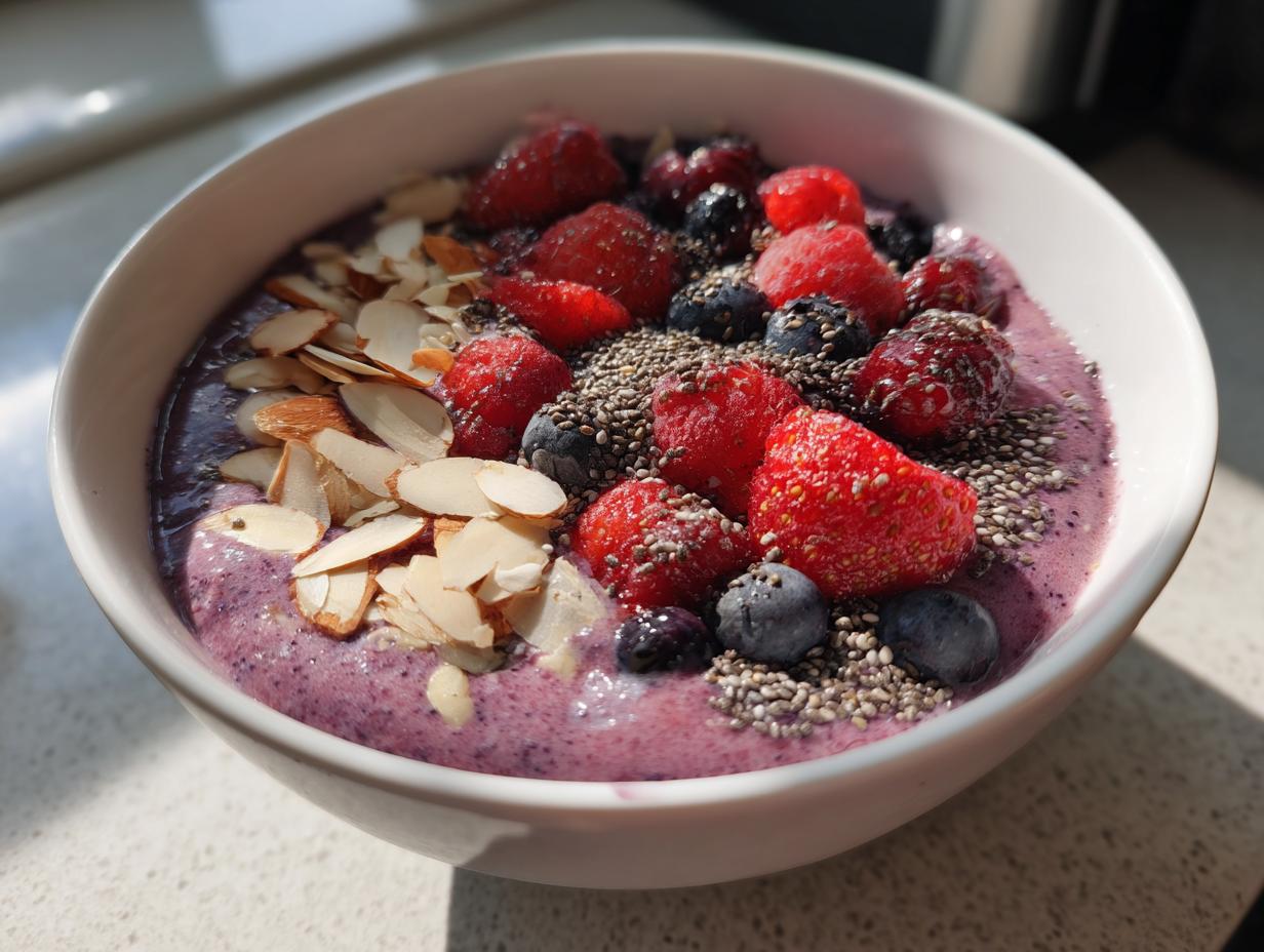 Berry spinach protein smoothie bowl topped with sliced almonds, chia seeds, strawberries, raspberries, and blueberries.
