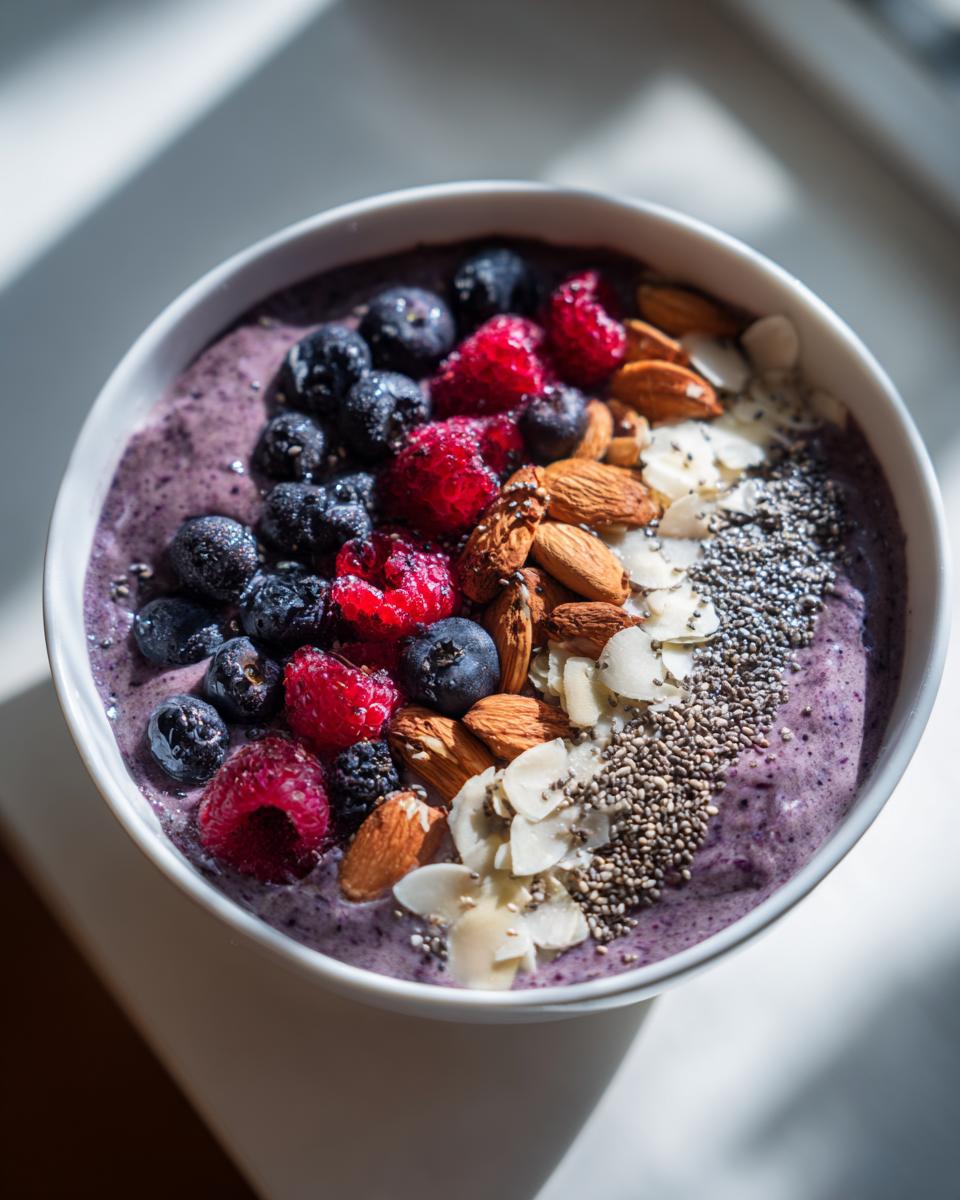 Berry spinach protein smoothie bowl topped with blueberries, raspberries, almonds, chia seeds, and sliced almonds.