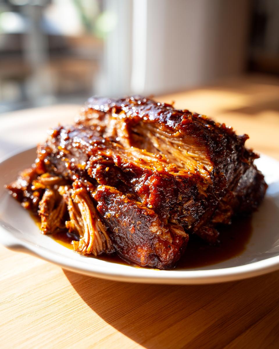 Close-up of juicy brown sugar garlic pork roast in slow cooker on a white plate