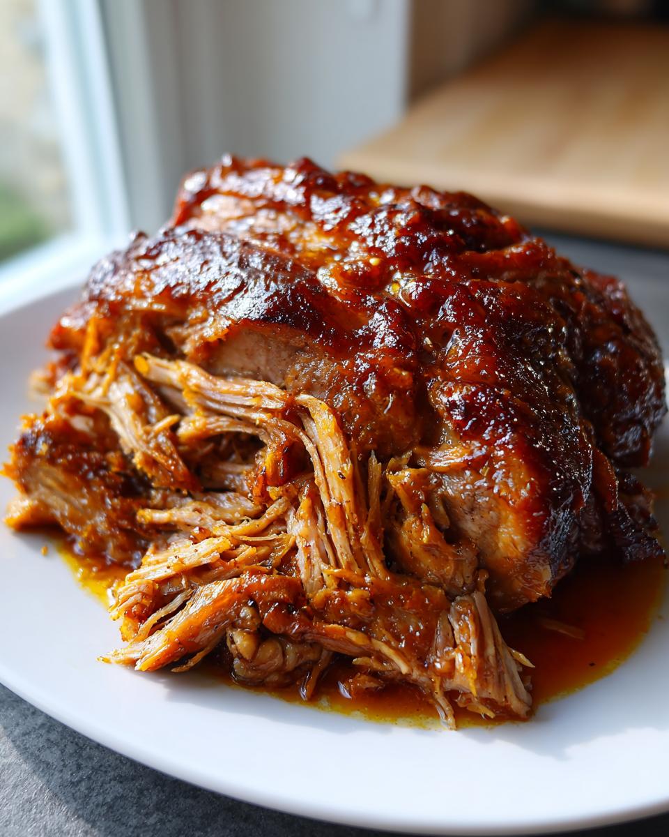 Close-up of brown sugar garlic pork roast in slow cooker served on a white plate
