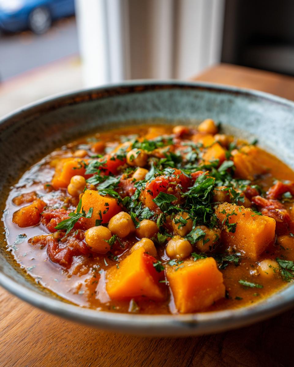 Close-up of a bowl with butternut squash and chickpea stew garnished with fresh herbs.