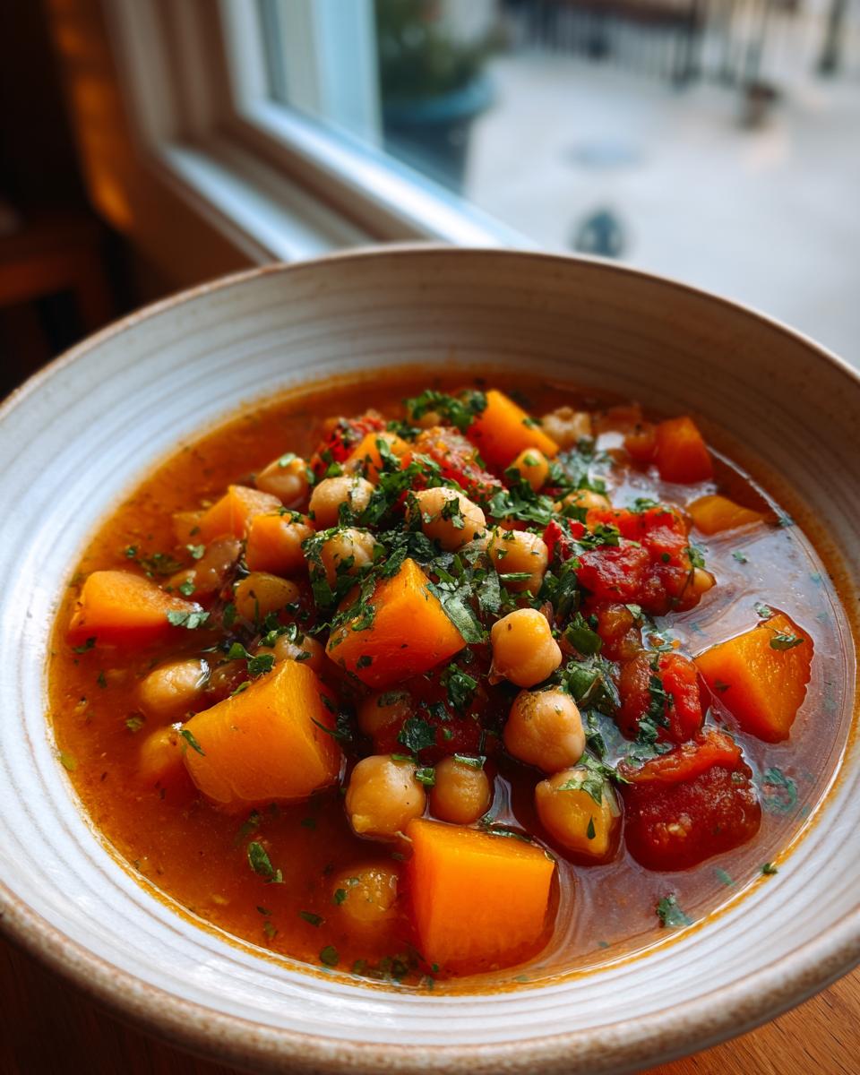 Bowl of butternut squash and chickpea stew garnished with herbs on a wooden table
