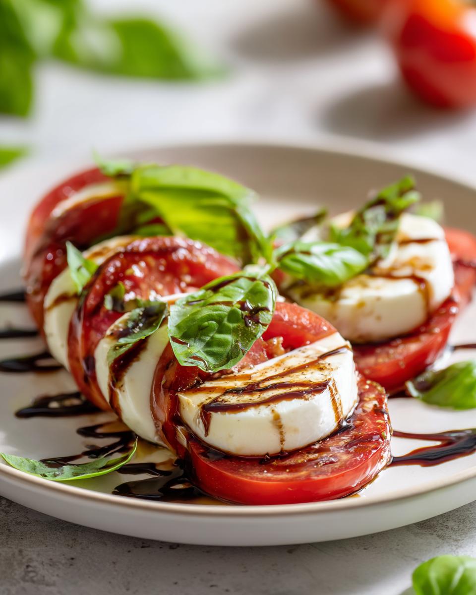 Plate of caprese salad with tomato slices, mozzarella, basil leaves, and balsamic glaze