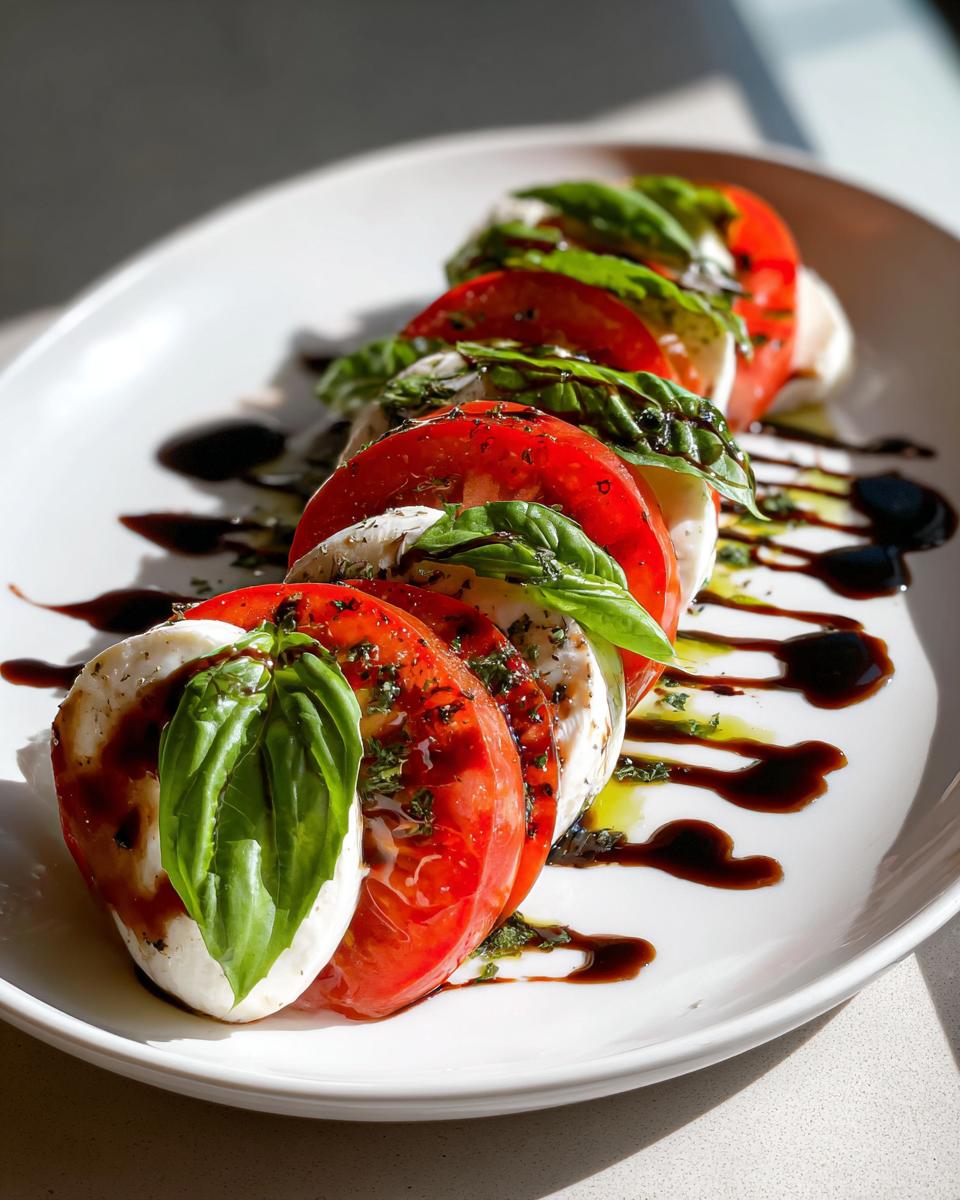Caprese salad with slices of tomato, mozzarella, fresh basil, and balsamic glaze drizzle.