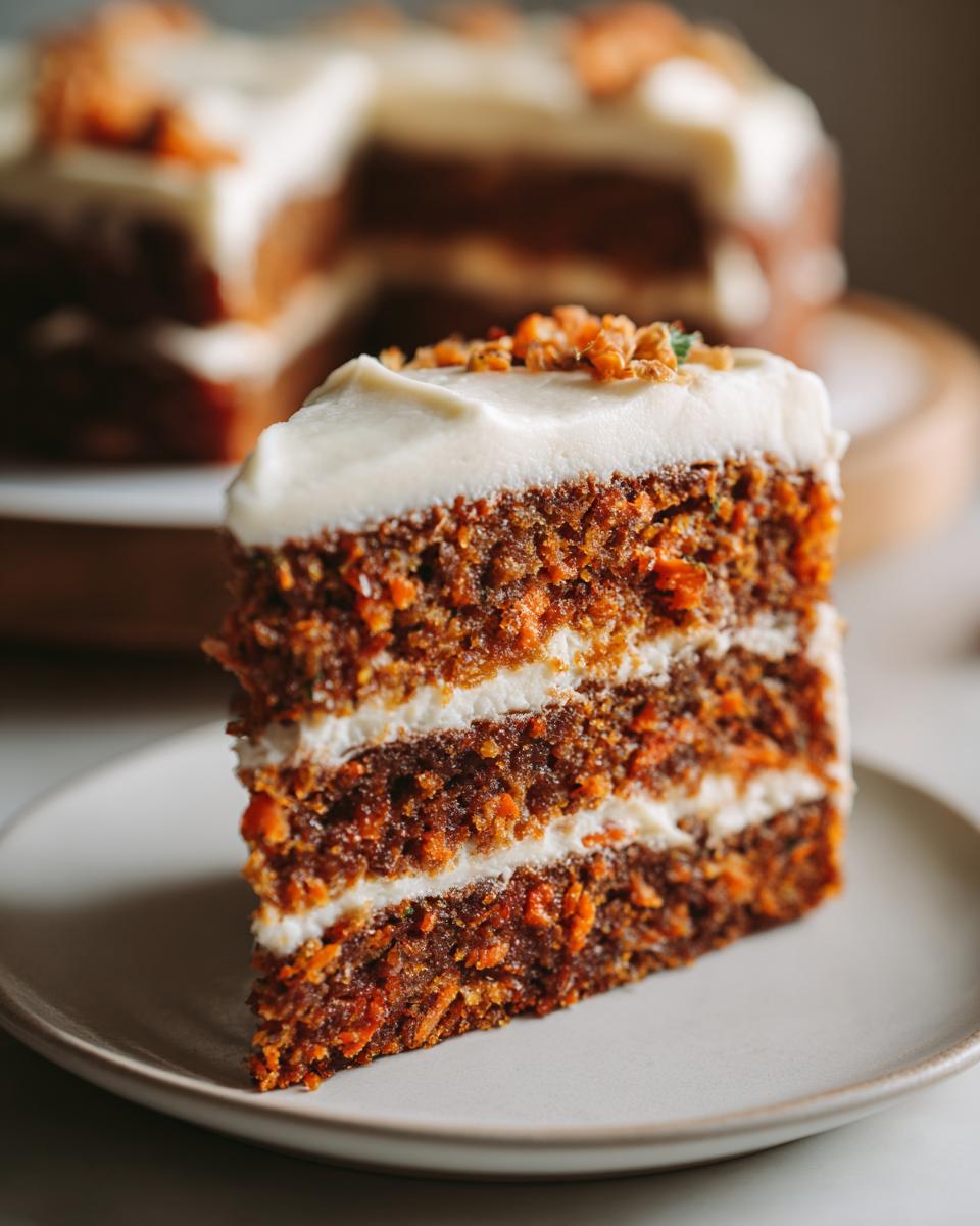 Close-up of a slice of carrot cake with cream cheese frosting on a plate.