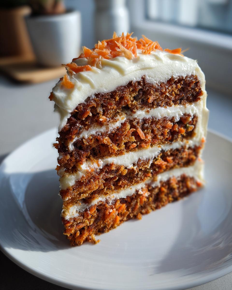 Close-up of a slice of carrot cake with cream cheese frosting and shredded carrot topping.