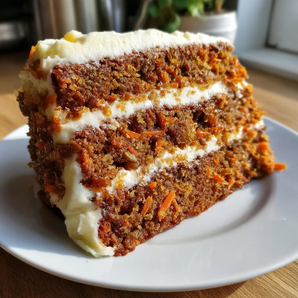 Close-up of a moist slice of carrot cake with cream cheese frosting on a white plate.