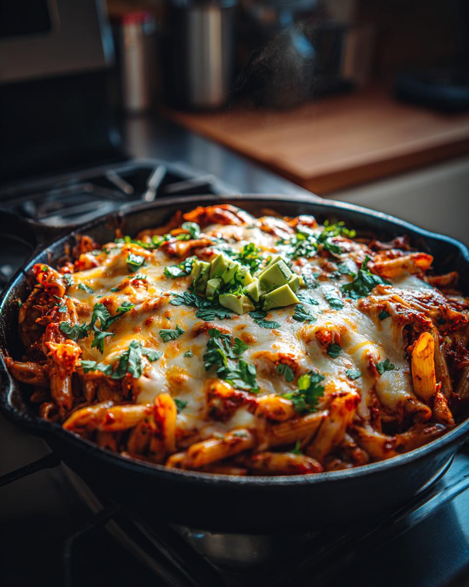 Skillet filled with cheesy chicken enchilada pasta topped with avocado and cilantro.