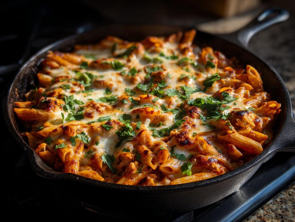 Cheesy chicken enchilada pasta skillet with melted cheese and chopped cilantro on top