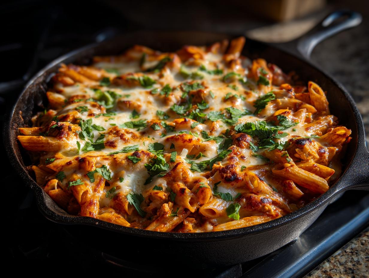 Cheesy chicken enchilada pasta skillet with melted cheese and chopped cilantro on top