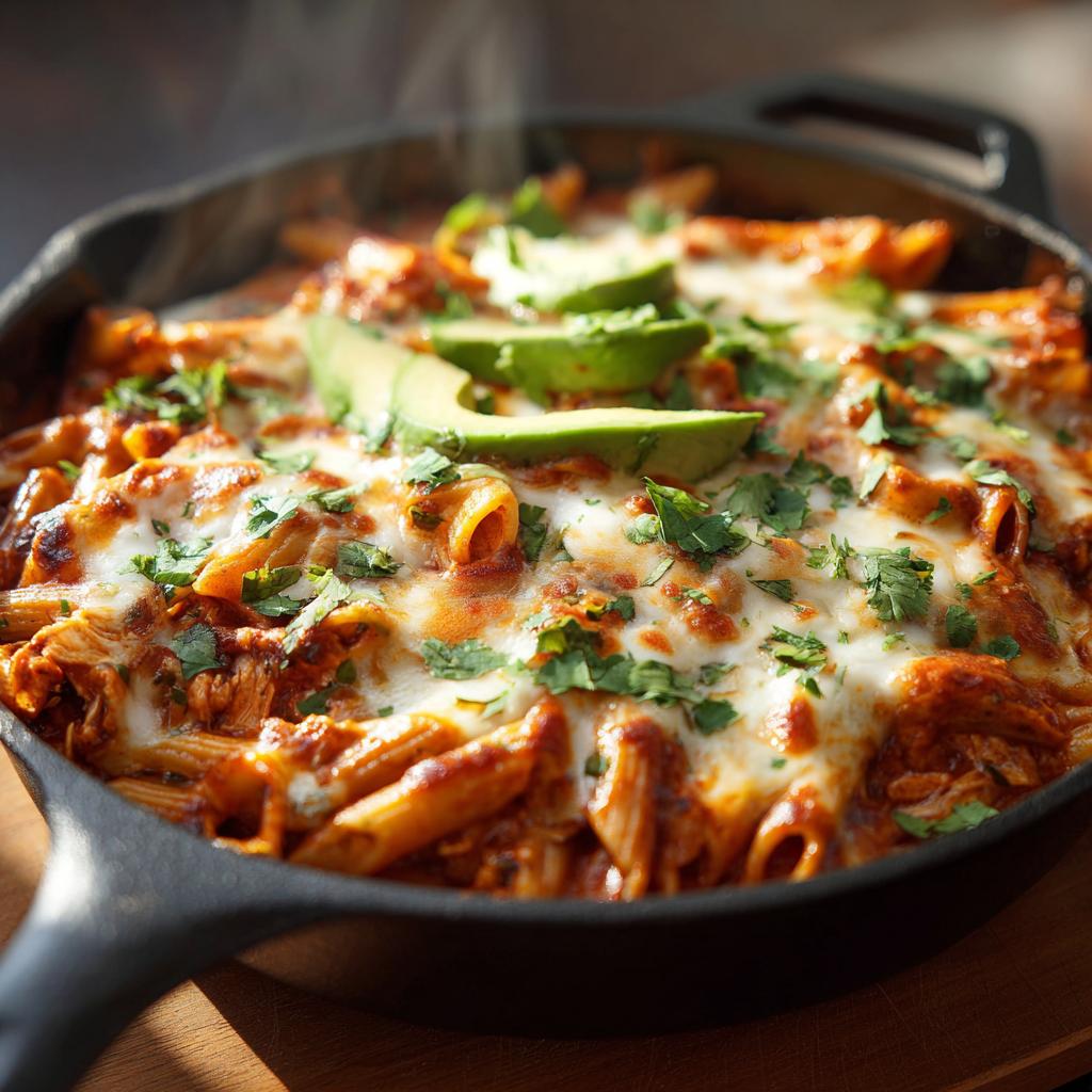 Cheesy chicken enchilada pasta skillet topped with melted cheese, cilantro, and avocado slices.