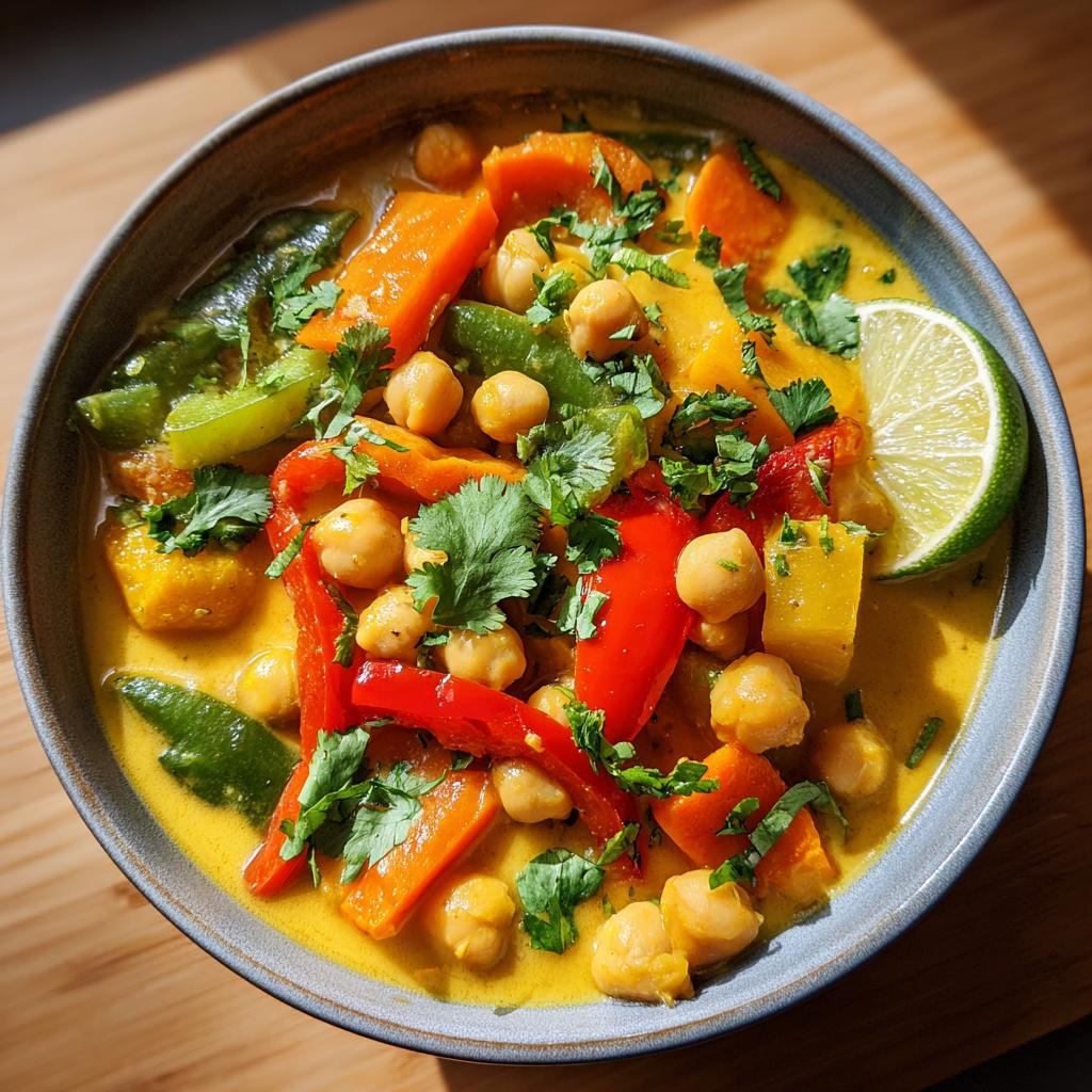 Bowl of chickpea and vegetable coconut curry with red peppers, carrots, snap peas, and lime wedge