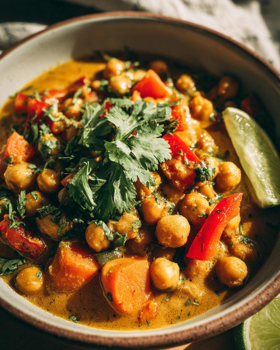 Close-up of a bowl of chickpea and vegetable coconut curry garnished with cilantro and lime wedge