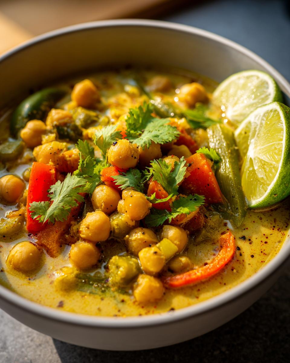 Bowl of chickpea and vegetable coconut curry garnished with cilantro and lime wedges