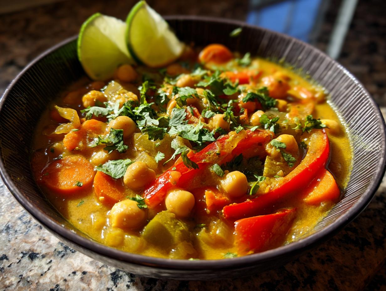 Close-up of creamy chickpea and vegetable coconut curry garnished with cilantro and lime wedges