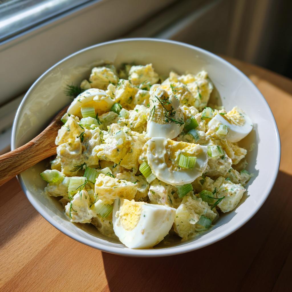 A bowl of classic potato salad with eggs, celery, and herbs, creamy and fresh.