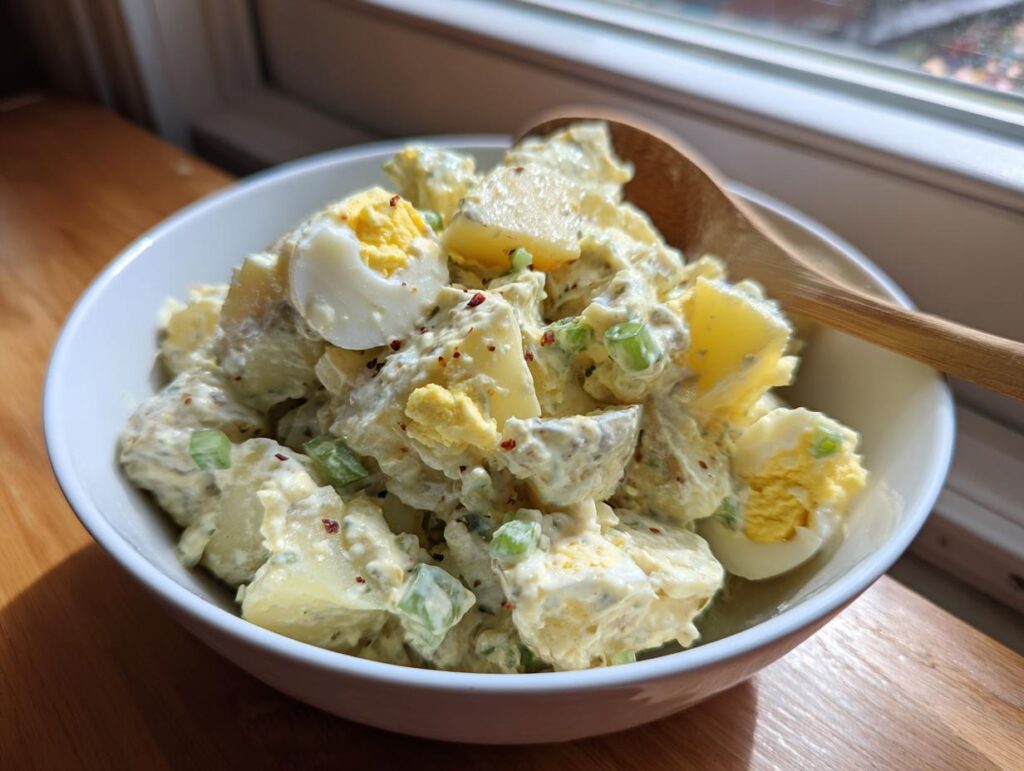 Creamy classic potato salad with eggs and green onions in a white bowl with a wooden spoon.