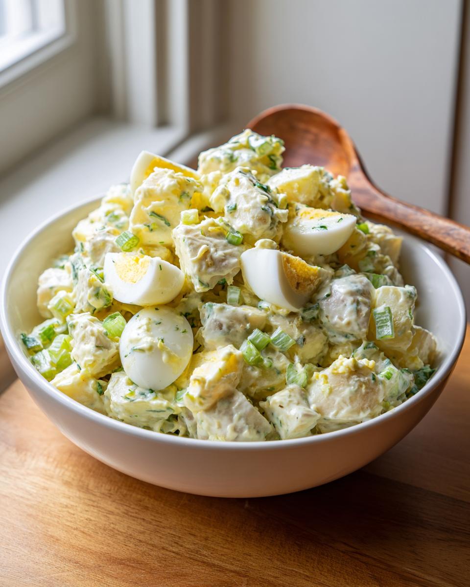 Creamy classic potato salad with eggs and green onions in a white bowl with wooden spoon