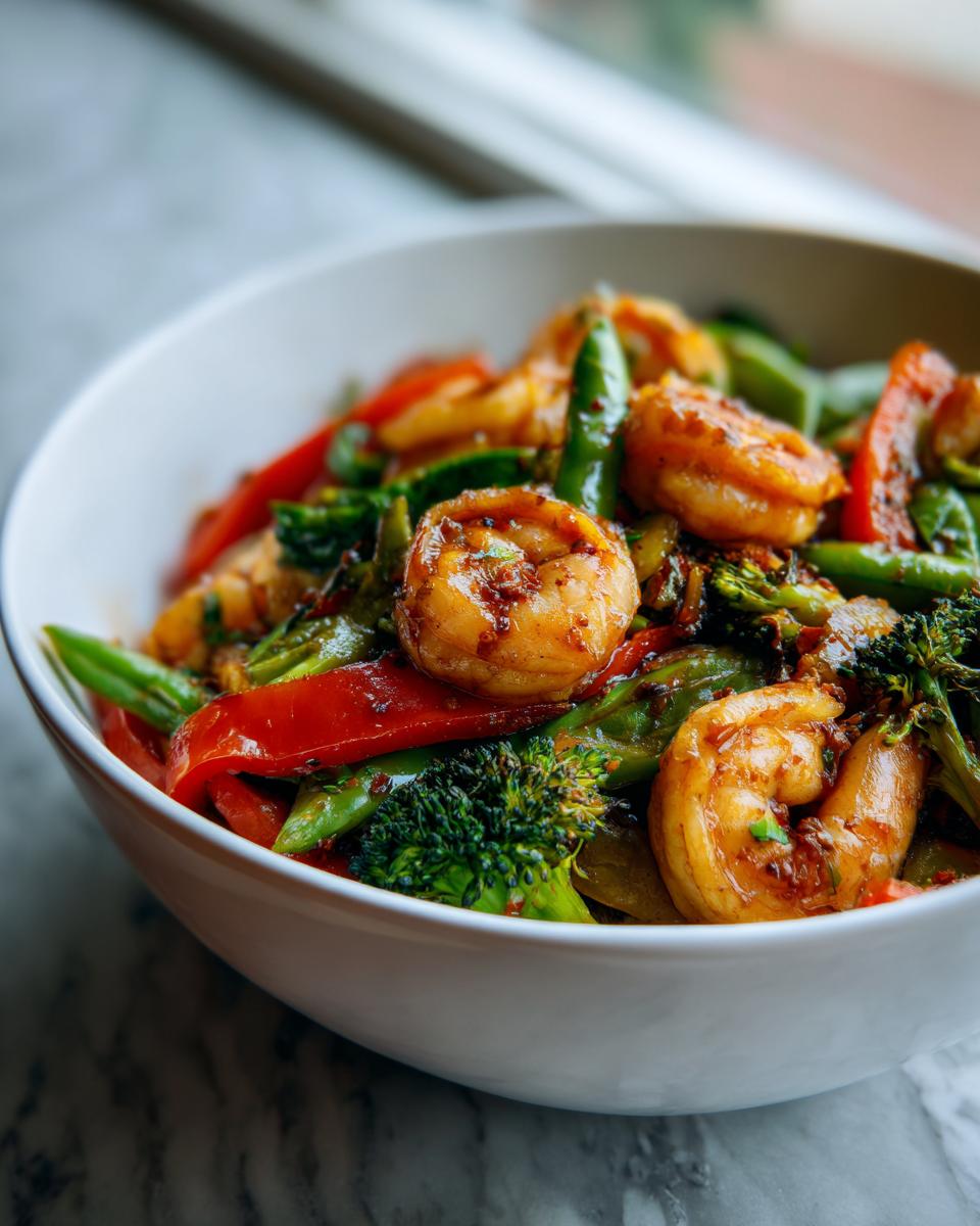 Bowl of shrimp and veggie stir fry with broccoli, red bell peppers, and green beans.