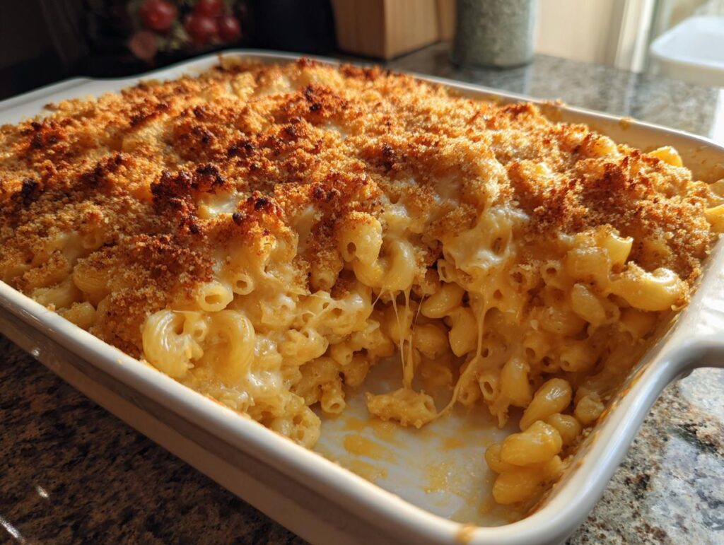 creamy baked macaroni and cheese casserole - Featured