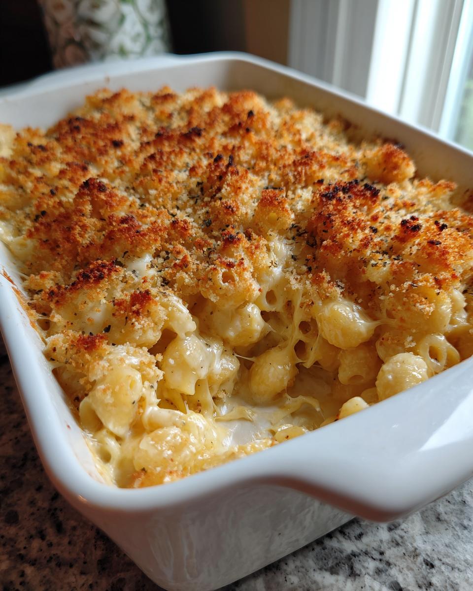 Creamy baked macaroni and cheese casserole with a golden crispy breadcrumb topping in a white dish.