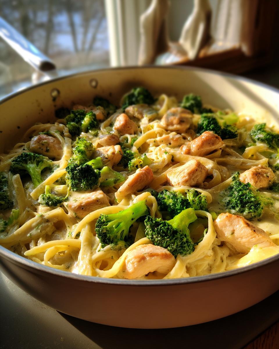 Close-up of chicken broccoli alfredo pasta skillet with creamy sauce in a pan